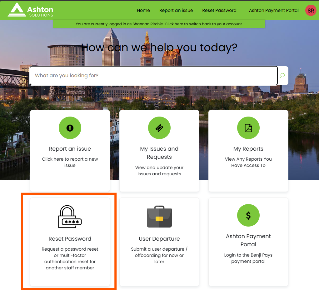 Screenshot of Ashton Solutions portal main page with Reset Password menu option highlighted